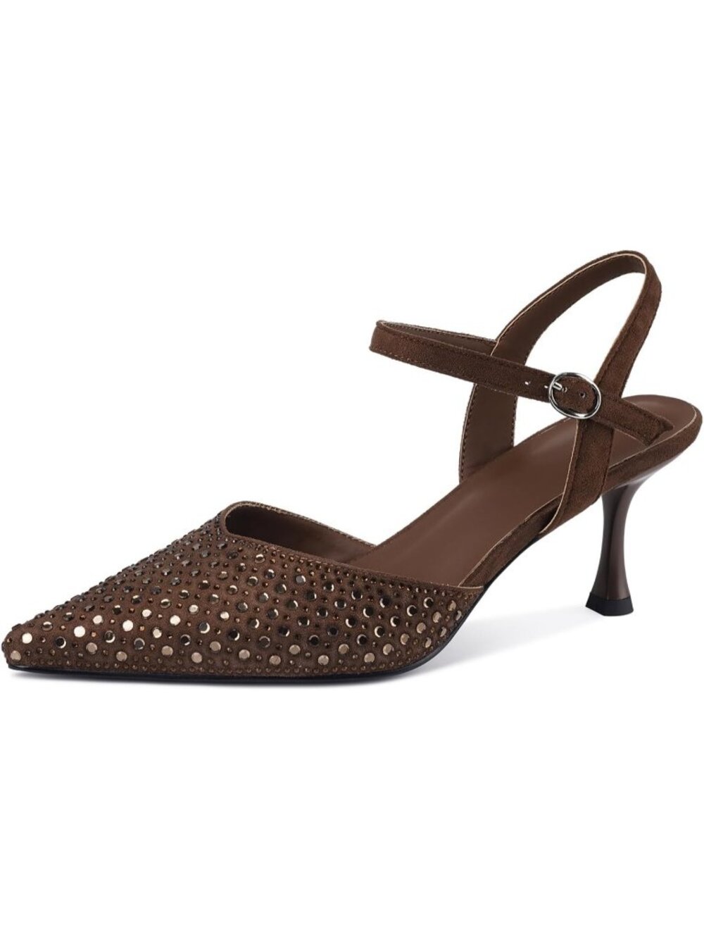 Women's Brown Faux Suede Rhinestone Ankle Strap Closed Toe Kitten Heels Pumps